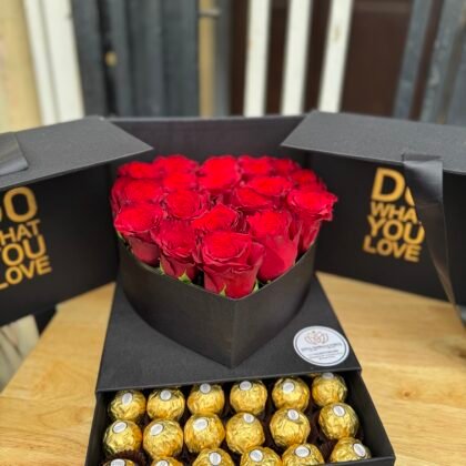 fresh red rose flower in a box with ferrero rocher chocolate for same day delivery